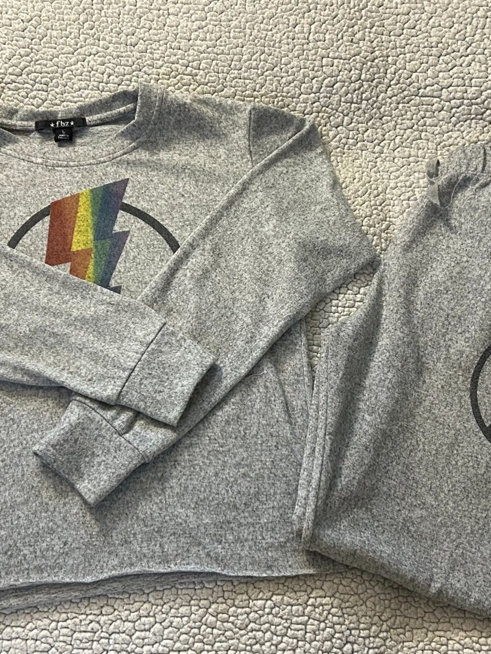 flowers by zoe -- grey matching lightning bolt/ peace sign sweater/ sweatpants